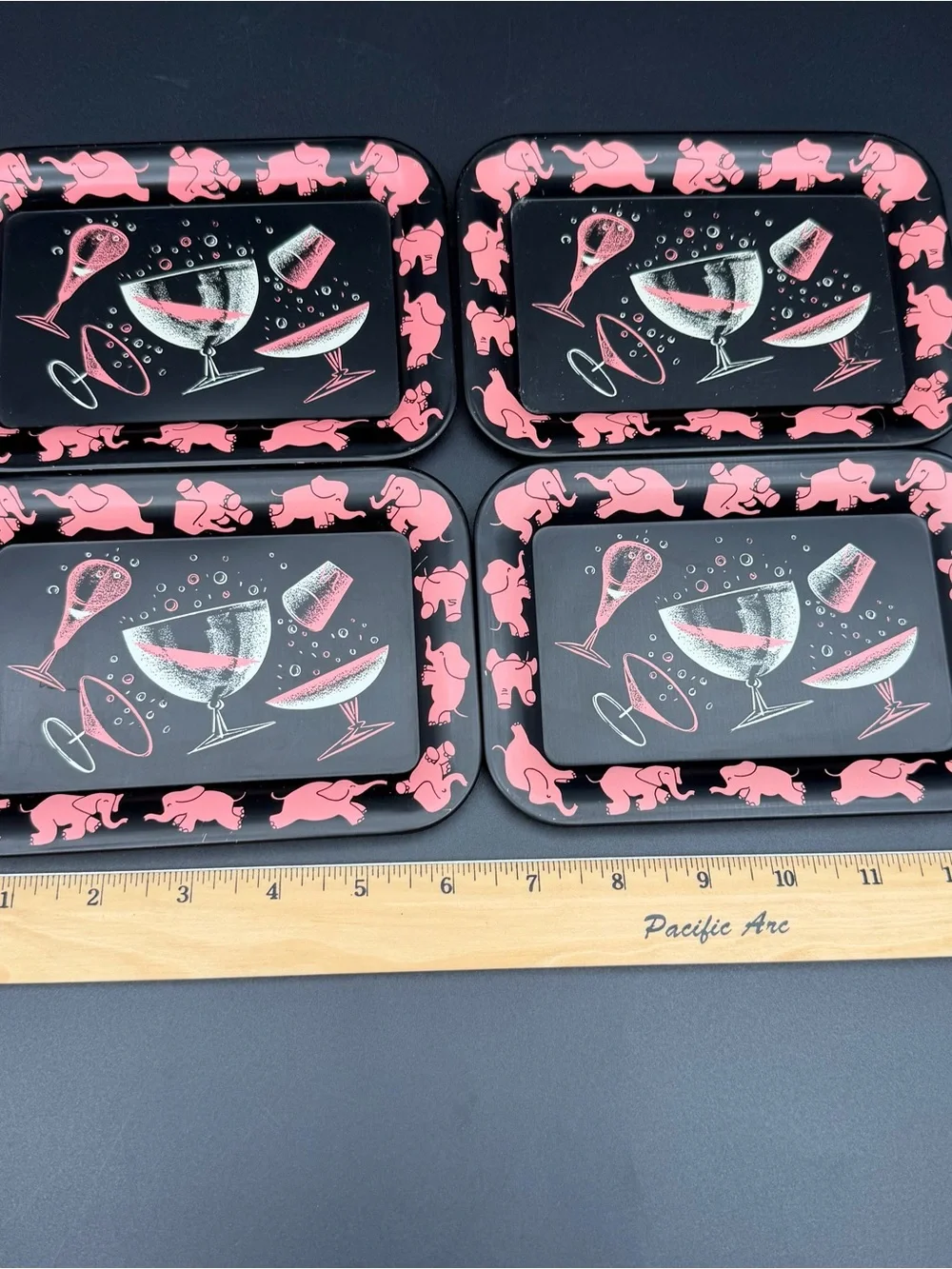 Vintage Pink Elephant Cocktail Serving Trays - Set of 4
